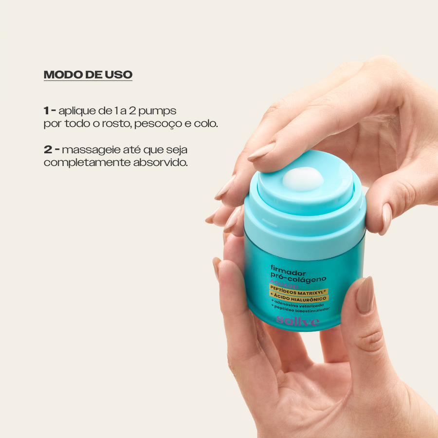 Modo de uso do Firmador Pró-Colágeno Sallve – 1 a 2 pumps no rosto, pescoço e colo, massageando até absorver
