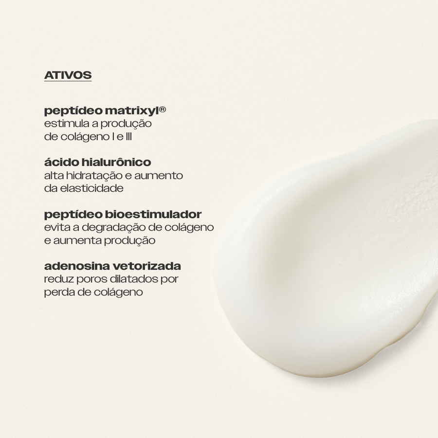 Ativos do Firmador Pró-Colágeno Sallve – peptídeo Matrixyl, ácido hialurônico, peptídeo bioestimulador e adenosina vetorizada