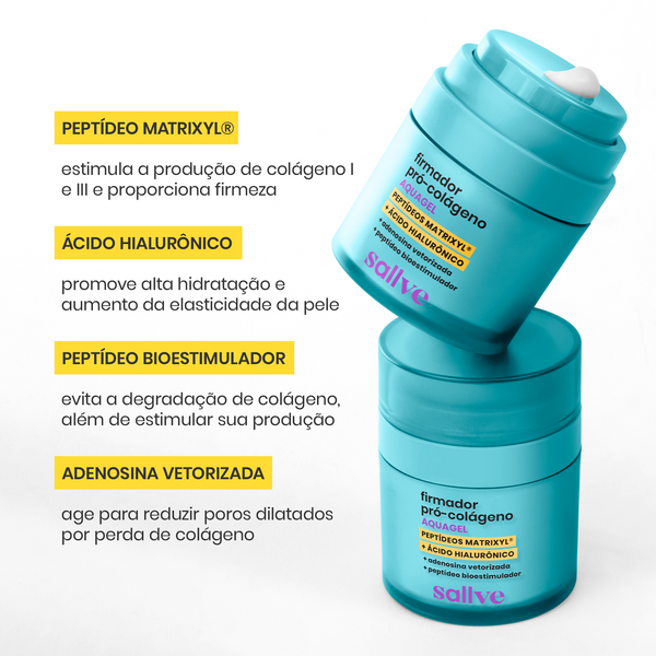 Embalagem do Firmador Pró-Colágeno da Sallve com destaque para os ativos: Peptídeo Matrixyl®, Ácido Hialurônico e Peptídeo Bioestimulador.