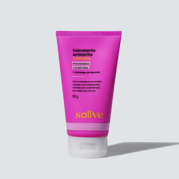 Hidratante Antiatrito Corporal Sallve 150g com niacinamida, alantoína e manteiga de abacate, que previne assaduras e acalma a pele.