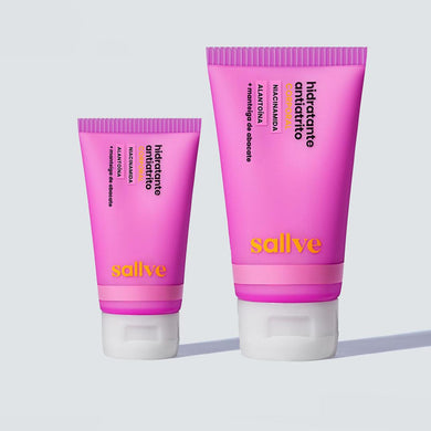 Hidratante Antiatrito Sallve nas versões 75g e 150g lado a lado, com embalagem rosa e formulação com niacinamida e alantoína.