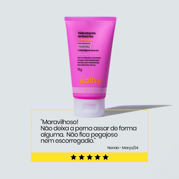 Avaliação de cliente sobre o Hidratante Antiatrito Sallve: produto recebeu 5 estrelas por proteger contra assaduras e não deixar a pele pegajosa.