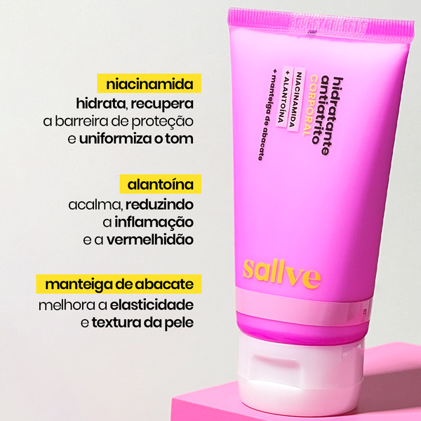 Hidratante Antiatrito Sallve com niacinamida, alantoína e manteiga de abacate, que hidratam, acalmam a pele e melhoram a elasticidade.