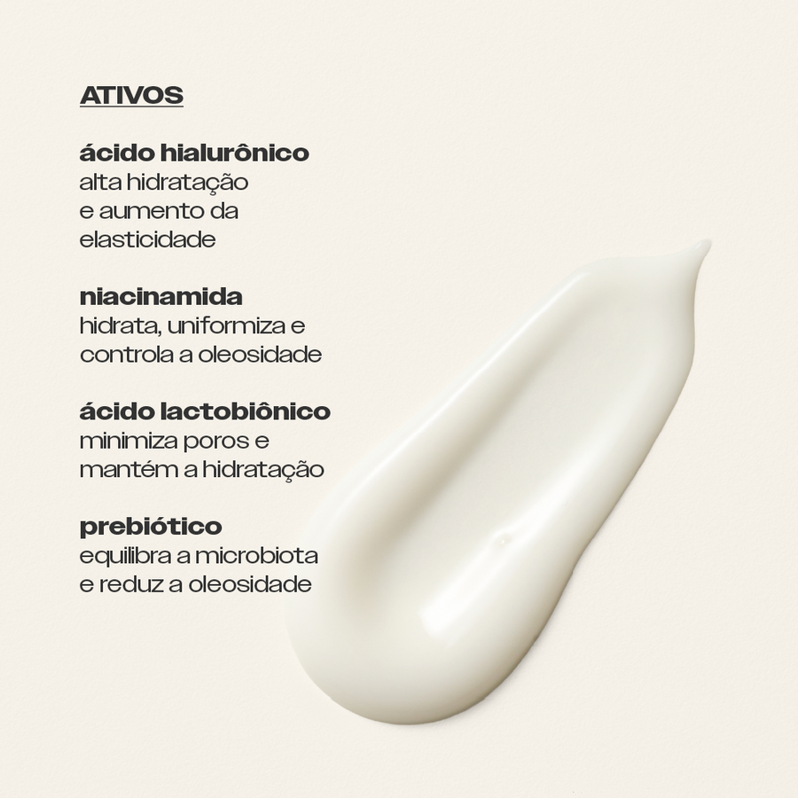 Ativos do Hidratante Antioleosidade Sallve – ácido hialurônico, niacinamida, ácido lactobiônico e prebiótico