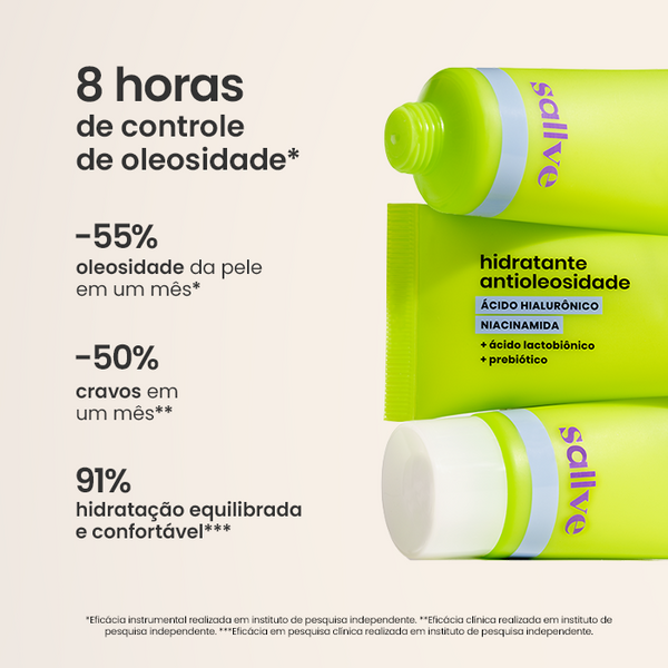 Hidratante antioleosidade da Sallve com ácido hialurônico e niacinamida, com resultados clínicos de redução de oleosidade e cravos em até 1 mês