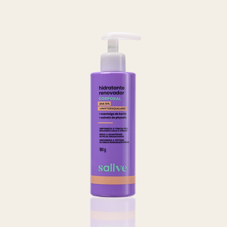 Hidratante Renovador Corporal Sallve 180g – frasco com pump, AHA 10%, phytoesqualano, manteiga de karité e extrato de physalis