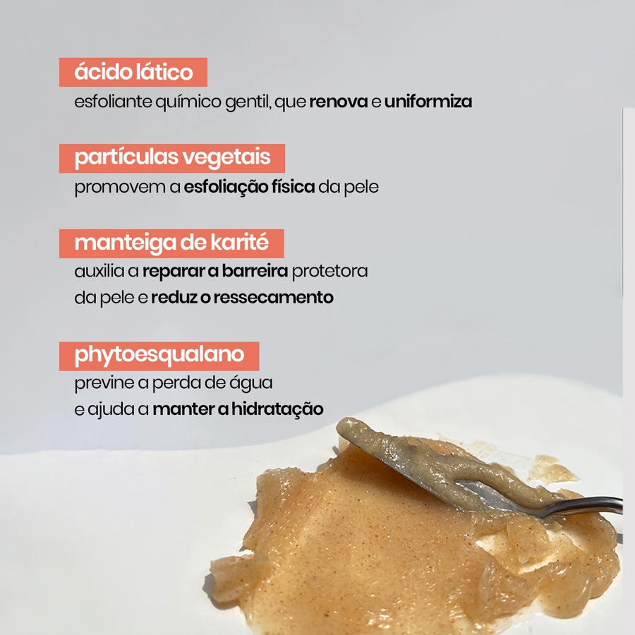 Principais ativos do Esfoliante Hidratante Corporal Sallve: ácido lático, partículas vegetais, manteiga de karité e phytoesqualano.