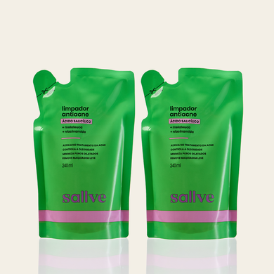 Kit 2 unidades Refil Limpador Antiacne Sallve – dois sachê refil de 240ml lado a lado