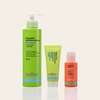 Kit Antioleosidade Sallve – Limpador Antioleosidade 300ml, Hidratante Antioleosidade e Protetor Solar Toque Seco FPS 50 lado a lado