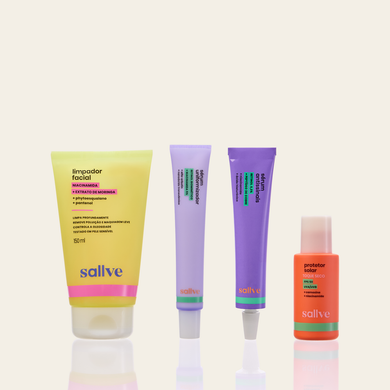 Kit Antissinais Completão Sallve – Limpador Facial, Sérum Uniformizador, Sérum Antissinais Retinol Puro 0,3% e Protetor Solar Toque Seco FPS 50 lado a lado