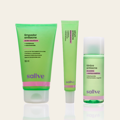 Kit Basicão Antiacne Sallve – Limpador Antiacne, Tônico Antiacne e Sérum Antiacne lado a lado