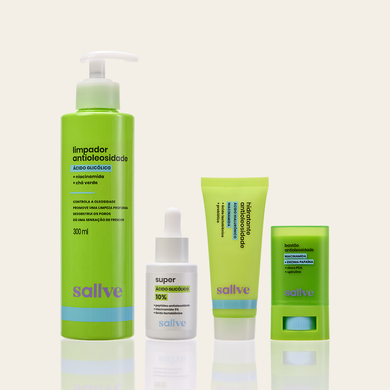 Kit Rotina Completa Antioleosidade Sallve – Limpador Antioleosidade 300ml, Super Ácido Glicólico 10%, Hidratante Antioleosidade e Bastão Antioleosidade