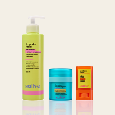 Kit Rotina Pele Mais Firme Sallve – Limpador Facial 300ml, Firmador Pró-Colágeno e Protetor Solar Bastão FPS 60 Muito Resistente lado a lado