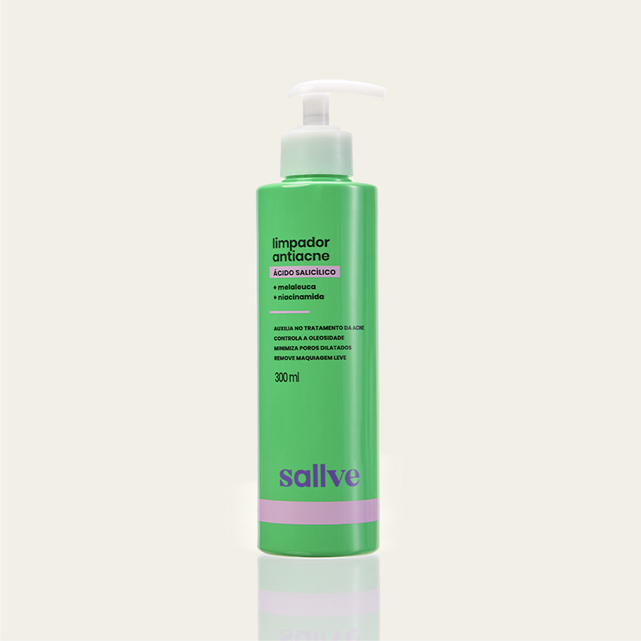 Limpador Antiacne Sallve 300ml – frasco com pump, ácido salicílico, melaleuca e niacinamida
