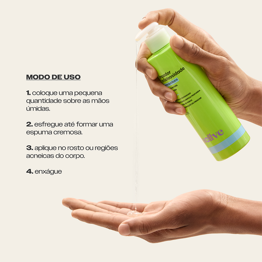Modo de uso do Limpador Antioleosidade Sallve – espumar nas mãos úmidas, aplicar no rosto e enxáguar