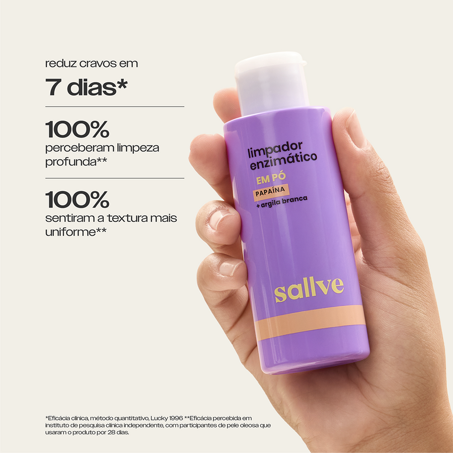 Resultados do Limpador Enzimático em Pó Sallve – reduz cravos em 7 dias, 100% perceberam limpeza profunda e textura mais uniforme