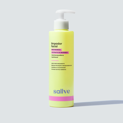 Limpador Facial Sallve com niacinamida e extrato de moringa em embalagem amarela com pump, produto para limpeza profunda e pele sensível.