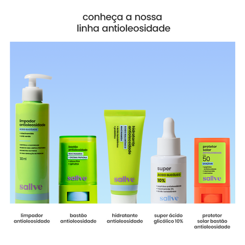 Linha Antioleosidade Sallve com limpador, bastão, hidratante, super ácido glicólico 10% e protetor solar bastão FPS 50.