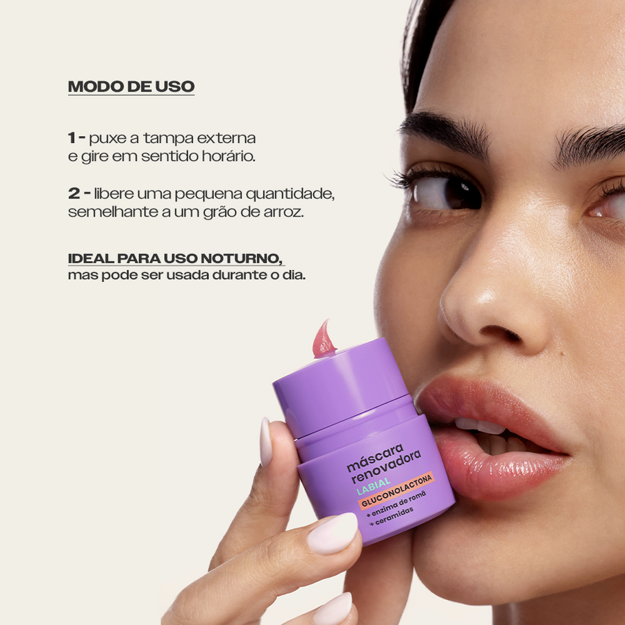 Modo de uso da Máscara Renovadora Labial Sallve – puxar a tampa externa e girar, liberando uma quantidade semelhante a um grão de arroz