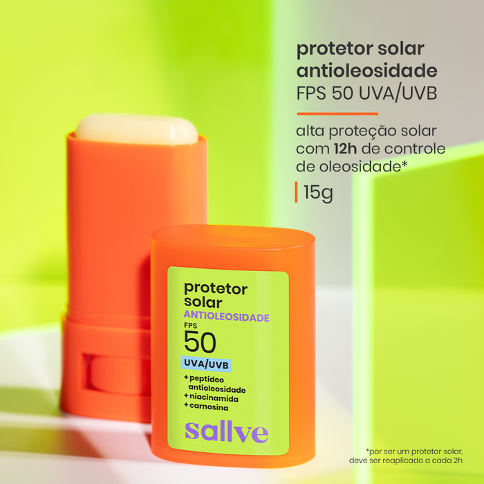 Protetor Solar Bastão Antioleosidade Sallve FPS 50 UVA/UVB com 12 horas de controle de oleosidade, peptídeo antioleosidade, niacinamida e carnosina.
