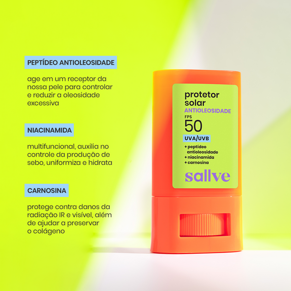 Protetor Solar Bastão Antioleosidade Sallve FPS 50 com peptídeo antioleosidade, niacinamida e carnosina, que controlam o sebo, protegem contra danos e preservam o colágeno.