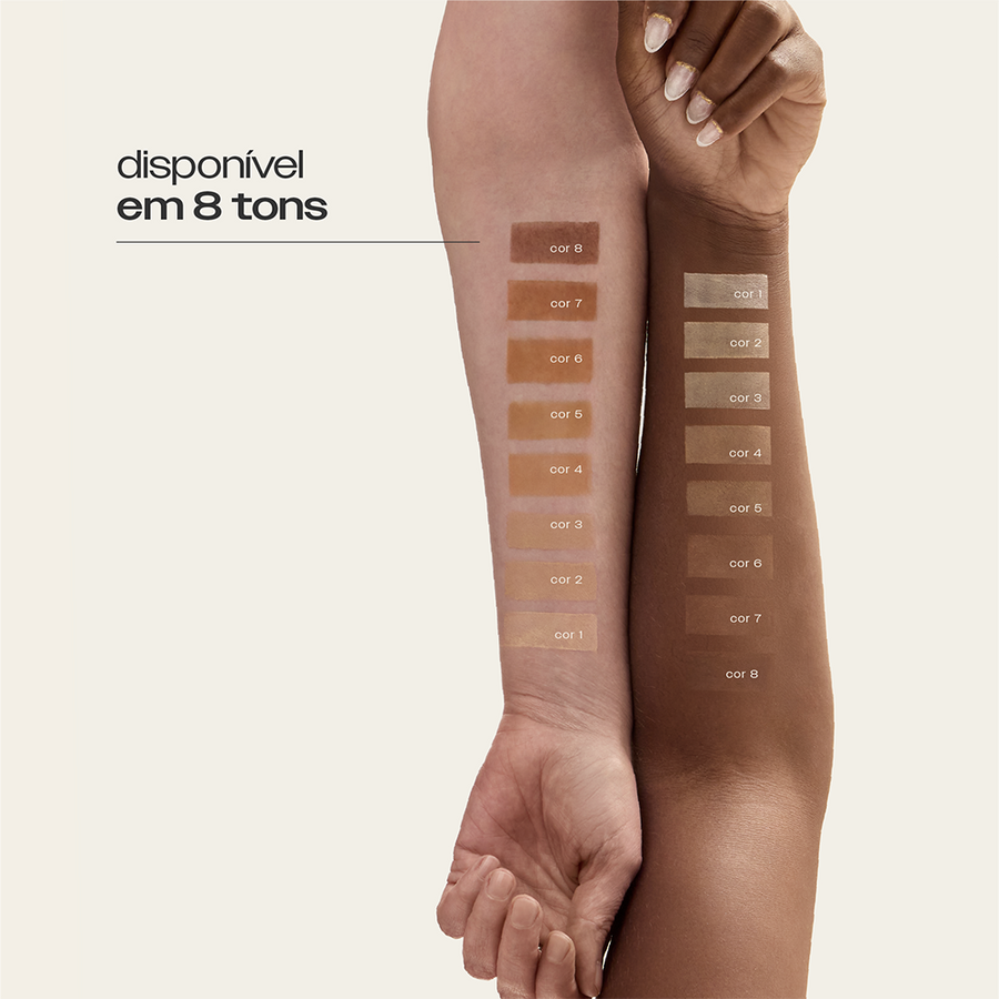 Protetor Solar Bastão com Cor Antimanchas FPS 90 Sallve disponível em 8 tons – swatches das cores 1 a 8 aplicadas no braço