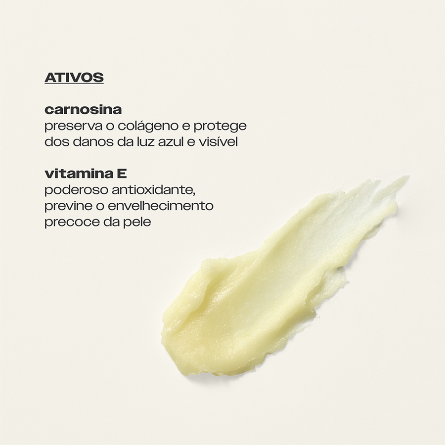 Ativos do Protetor Solar Bastão FPS 60 Muito Resistente Sallve – carnosina preserva o colágeno e protege da luz azul, vitamina E previne o envelhecimento precoce