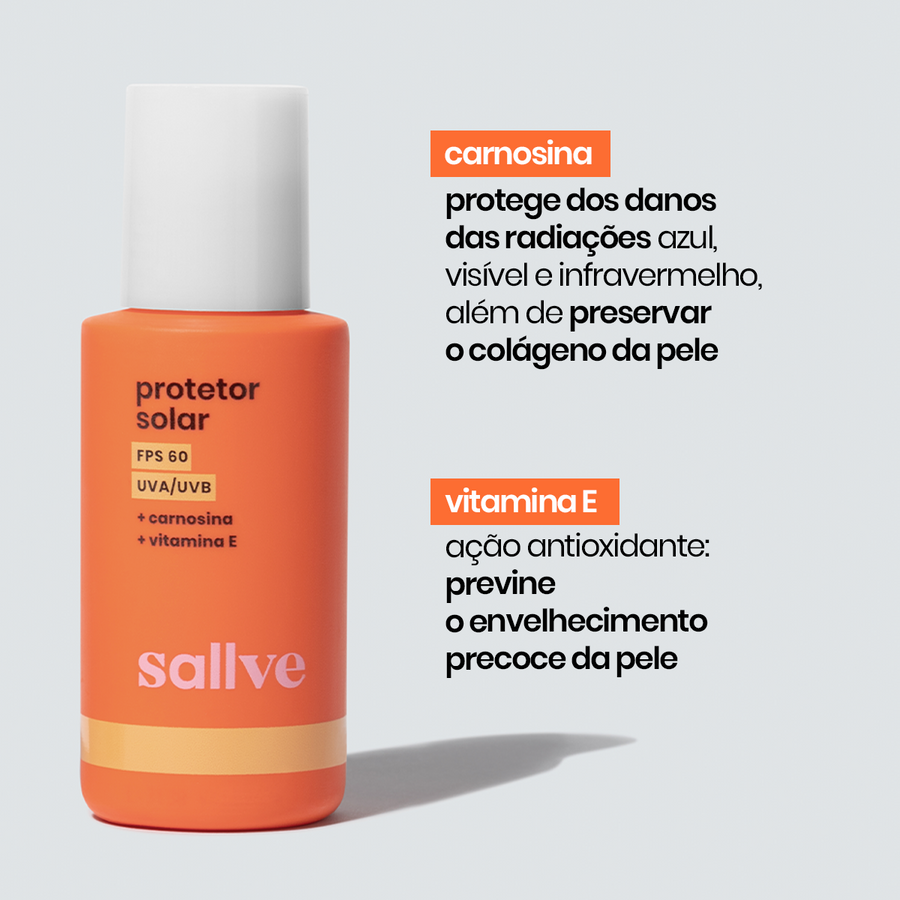 Protetor Solar FPS 60 da Sallve com carnosina, que protege contra radiações e preserva o colágeno, e vitamina E com ação antioxidante contra envelhecimento precoce.