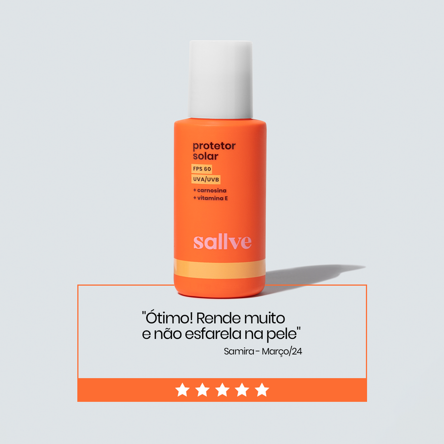 Depoimento de cliente sobre o Protetor Solar FPS 60 da Sallve, elogiando o rendimento e a textura que não esfarela na pele.