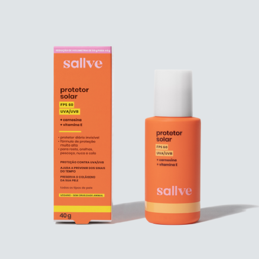 Protetor Solar FPS 60 da Sallve ao lado da embalagem externa, com proteção UVA/UVB, carnosina e vitamina E para rosto e colo.