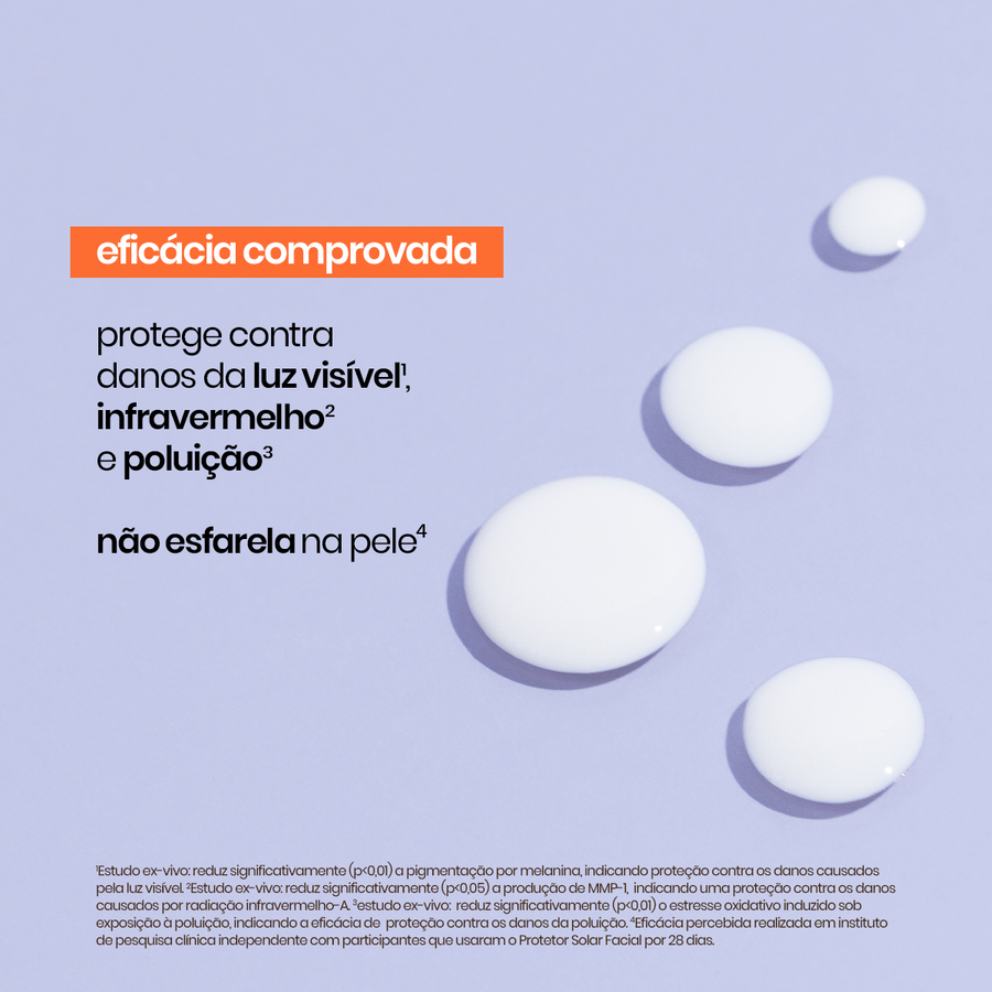 Eficácia comprovada do Protetor Solar FPS 60 da Sallve com proteção contra luz visível, infravermelho e poluição, e fórmula que não esfarela na pele.