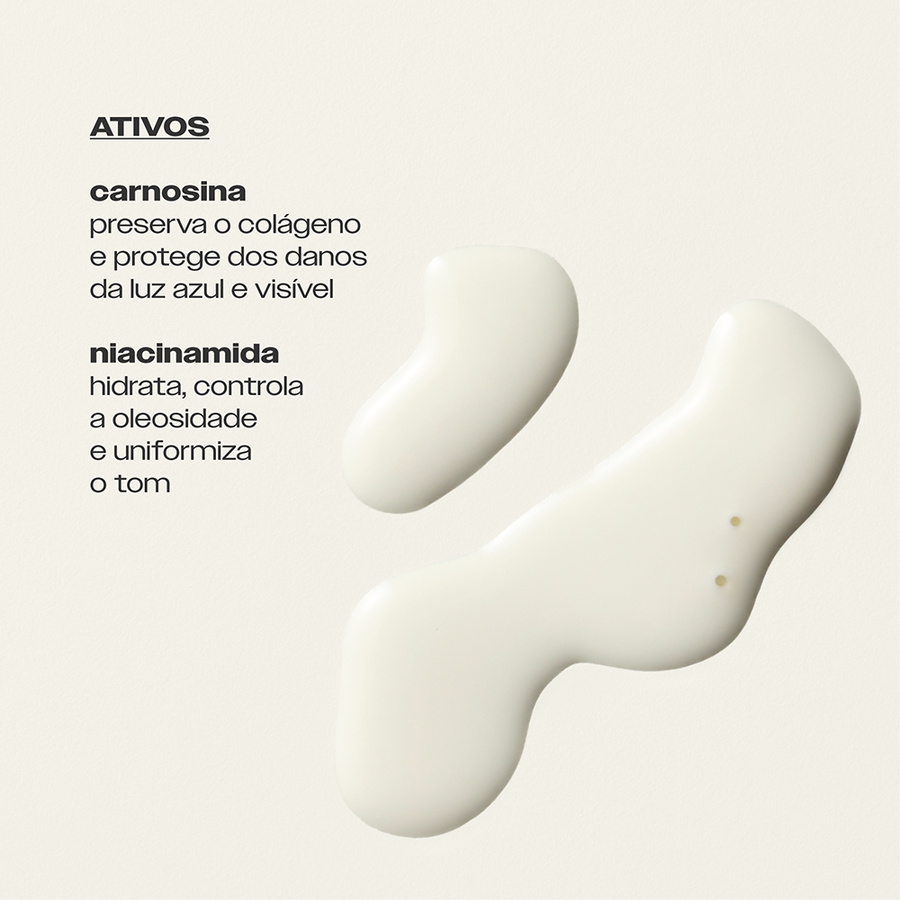 Ativos do Protetor Solar Toque Seco FPS 50 Sallve – carnosina preserva o colágeno e protege da luz azul, niacinamida controla a oleosidade