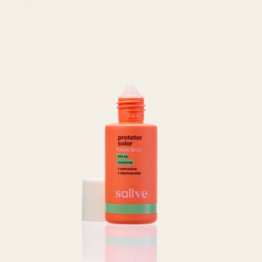 Protetor Solar Toque Seco FPS 50 Sallve 40g – frasco com proteção UVA/UVB, carnosina e niacinamida