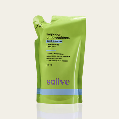 Refil Limpador Antioleosidade Sallve 240ml – embalagem econômica com ácido glicólico, niacinamida e chá verde