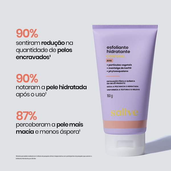 Resultados clínicos do Esfoliante Hidratante Corporal Sallve: redução de pelos encravados, pele mais macia e hidratada.