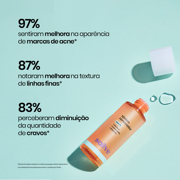 Resultados clínicos do Tônico Renovador Sallve – melhora de marcas de acne, textura e cravos após uso.