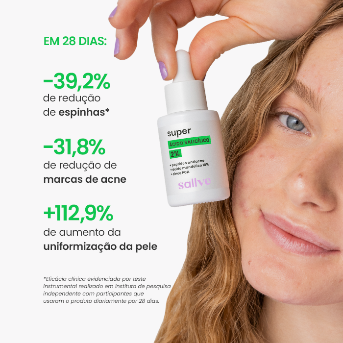 Pessoa segurando o frasco do Super Ácido Salicílico 2% da Sallve ao lado de resultados clínicos: redução de 39,2% de espinhas, 31,8% de marcas de acne e aumento de 112,9% na uniformização da pele em 28 dias.