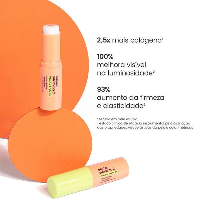 Resultados clínicos do Bastão Vitamina C Pura sallve: 2,5x mais colágeno, 100% de melhora na luminosidade e 93% de aumento da firmeza