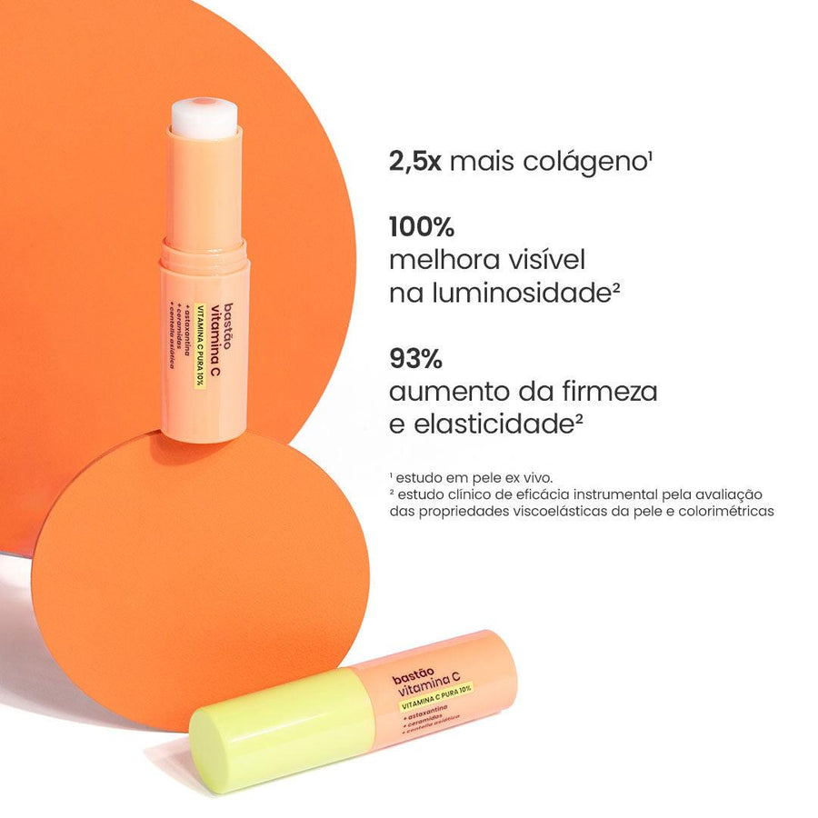 Resultados clínicos do Bastão Vitamina C Pura sallve: 2,5x mais colágeno, 100% de melhora na luminosidade e 93% de aumento da firmeza