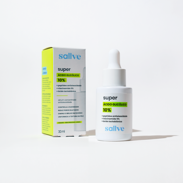 Frasco e embalagem do Super Ácido Glicólico 10% da Sallve, com destaque para os ativos antioleosidade.