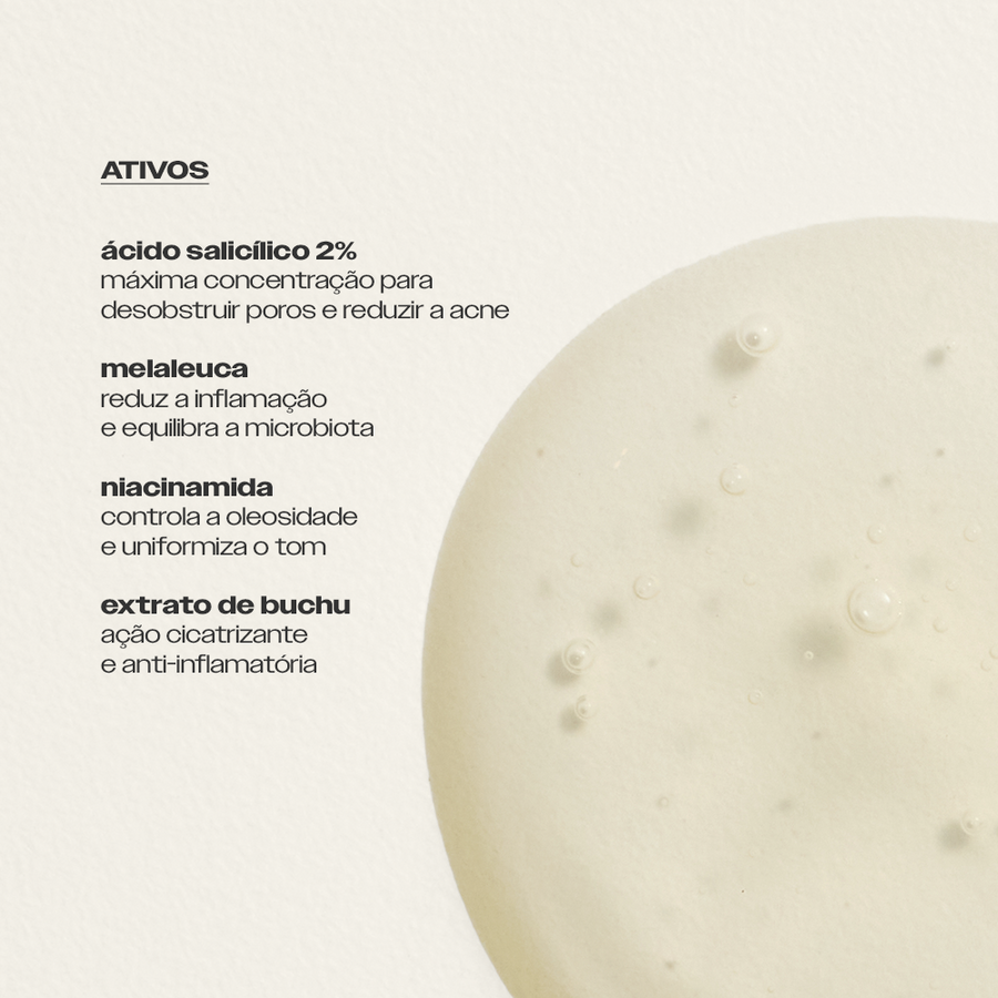 Ativos do Sérum Antiacne Sallve – ácido salicílico 2%, melaleuca, niacinamida e extrato de buchu