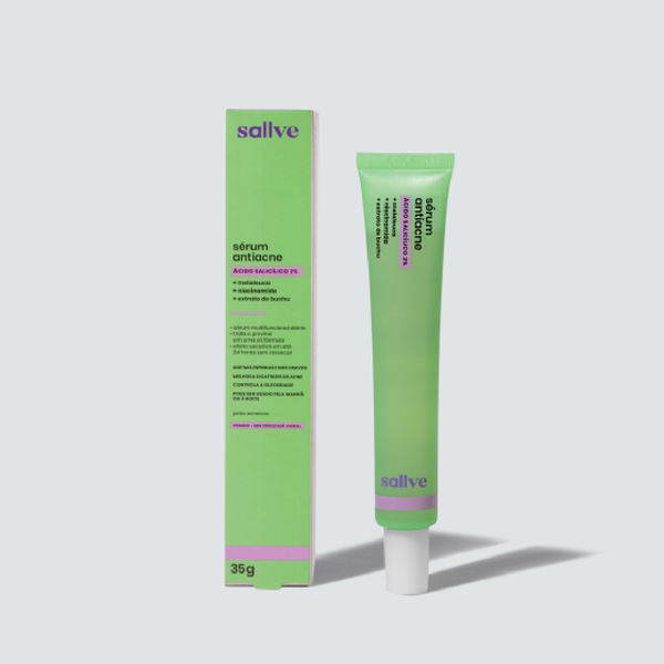 Bisnaga de 35g do Sérum Antiacne da Sallve ao lado da embalagem do produto. Com ácido salicílico 2%, melaleuca, niacinamida e extrato de buchu, indicado para tratar, prevenir e recuperar peles com acne.
