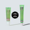 Comparação entre a embalagem antiga e a nova do Sérum Antiacne da Sallve. Ambas com 35g e fórmula com ácido salicílico 2%, melaleuca, niacinamida e extrato de buchu. Selo central informa: 'nova embalagem, mesmo tamanho'.