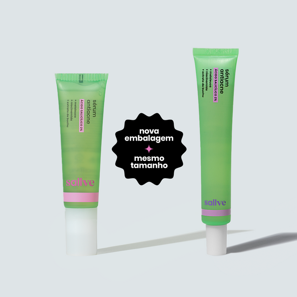 Comparação entre a embalagem antiga e a nova do Sérum Antiacne da Sallve. Ambas com 35g e fórmula com ácido salicílico 2%, melaleuca, niacinamida e extrato de buchu. Selo central informa: 'nova embalagem, mesmo tamanho'.