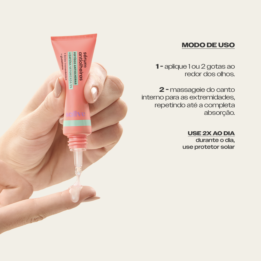 Modo de uso do Sérum Antiolheiras Sallve – 1 ou 2 gotas ao redor dos olhos, massageando do canto interno para as extremidades, 2x ao dia