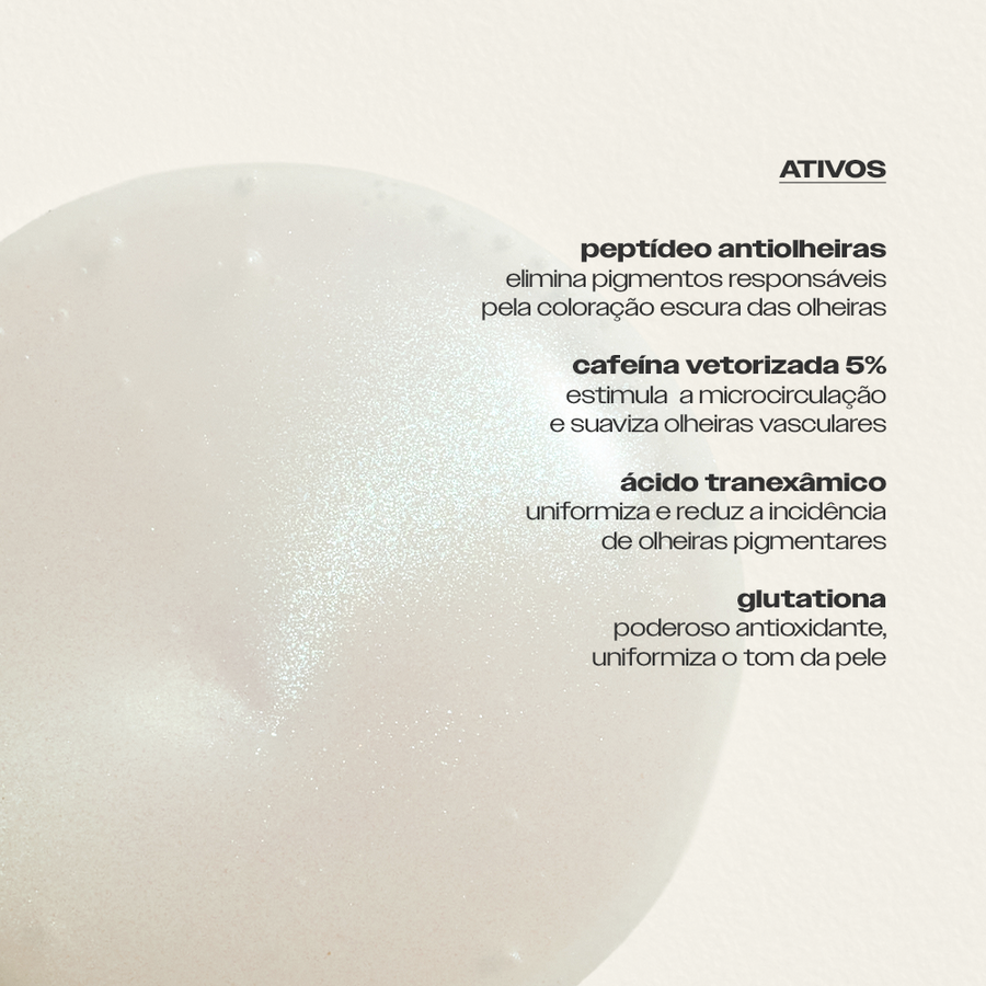 Ativos do Sérum Antiolheiras Sallve – peptídeo antiolheiras, cafeína vetorizada 5%, ácido tranexâmico e glutationa