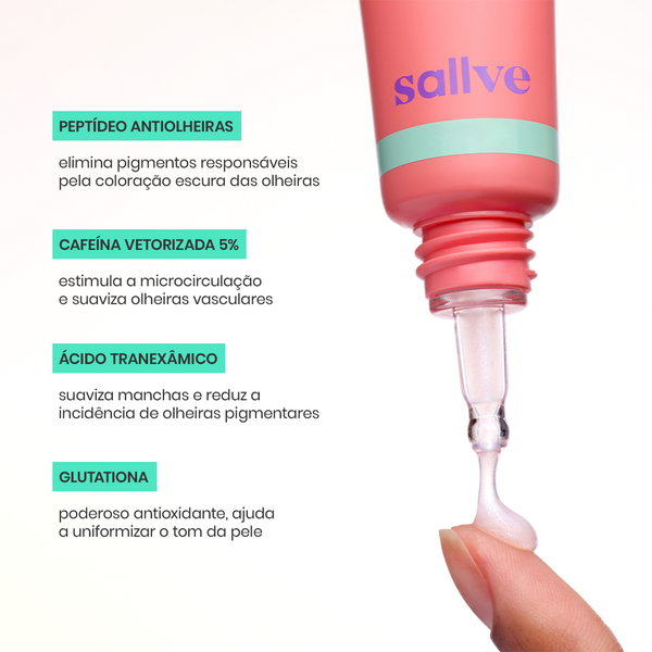 Textura do Sérum Antiolheiras Sallve sendo aplicada no dedo com destaque para os ativos como peptídeo, cafeína, ácido tranexâmico e glutationa