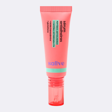 Embalagem do Sérum Antiolheiras Sallve em bisnaga rosa com aplicador transparente