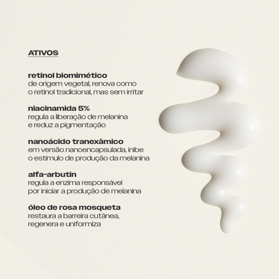 Ativos do Sérum Uniformizador Sallve – retinol biomimético, niacinamida 5%, nanoácido tranexâmico, alfa-arbutin e óleo de rosa mosqueta