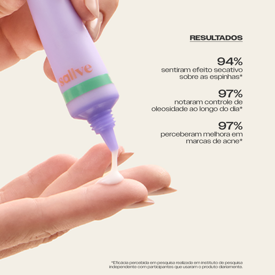 Resultados do Sérum Uniformizador Sallve – 94% sentiram efeito secativo nas espinhas e 97% perceberam melhora em marcas de acne